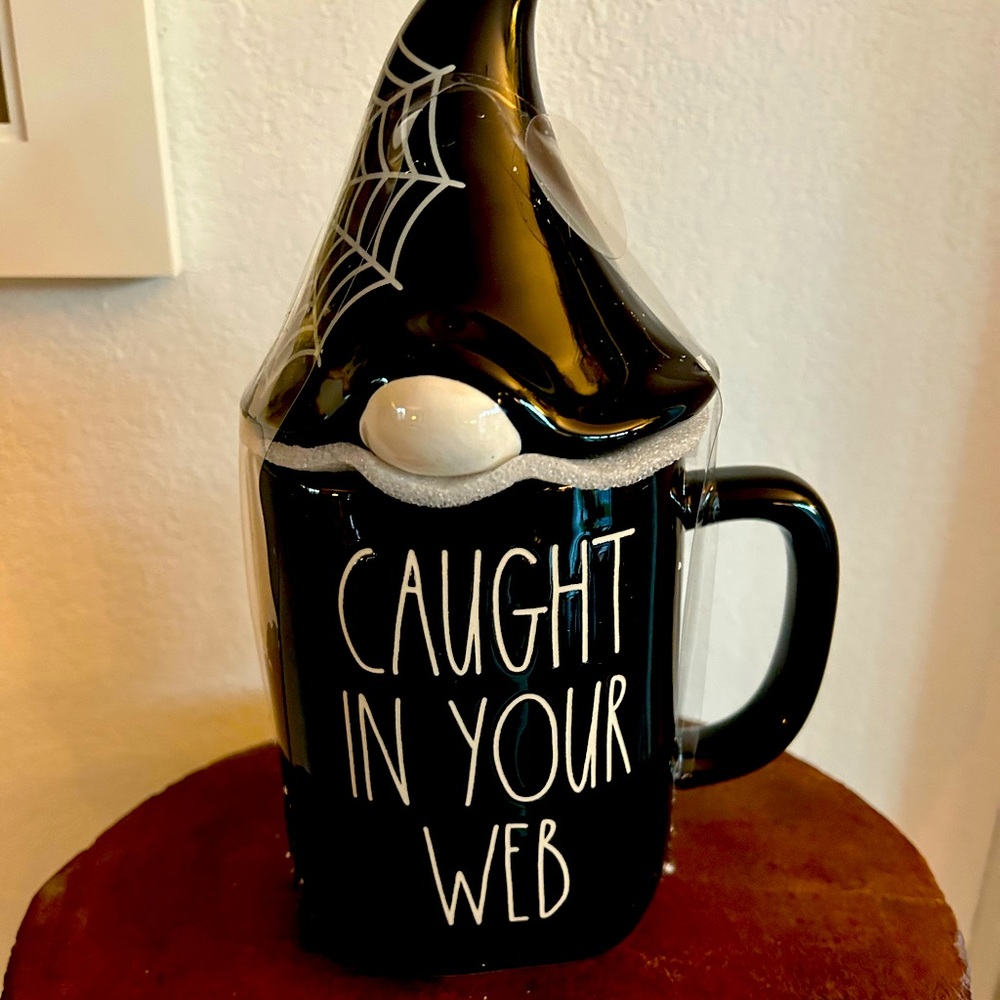 BNIB Rae Dunn “Caught in Your Web” gnome covered beverage mug
